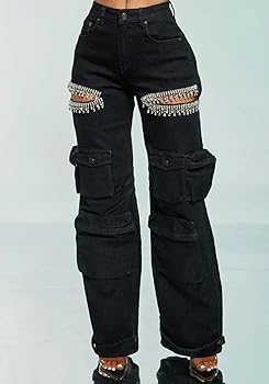 パンツ yeekyo RHINESTONE cargopants Amazon.com: Sexy Baggy Sparkly Jeans for Women Wide Leg